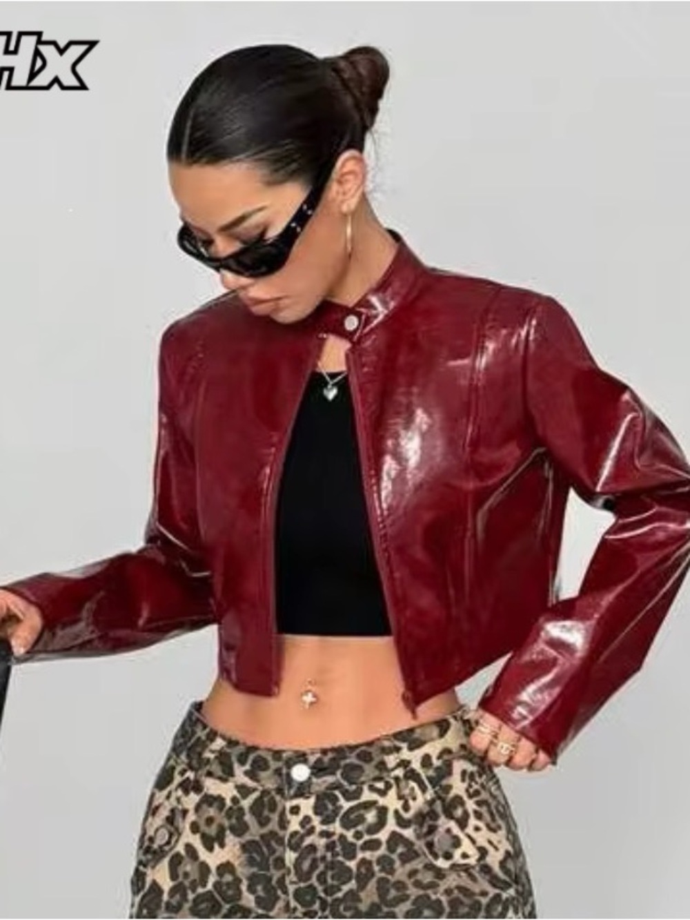 SHEIN Burgundy Cropped Faux Leather Jacket - Picture 2 of 7